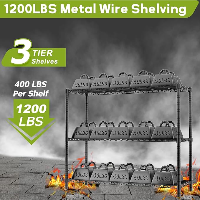 MODCART Storage Shelves, 48" L x 20" W x 47" H Heavy Duty Garage Wire Shelving Unit Loads 1200LBS, 3-Tier Adjustable Metal Industrial Utility Shelf Rack for Kitchen, Laundry Room, Basement