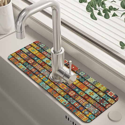 Vintage Mandala Floral Dish Drying Mat for Kitchen Sink Splash Guard Behind Faucet Sink Mat Absorbent Fast Drying Faucet Draining Mat for Bathroom Kitchen 5.5"×15"