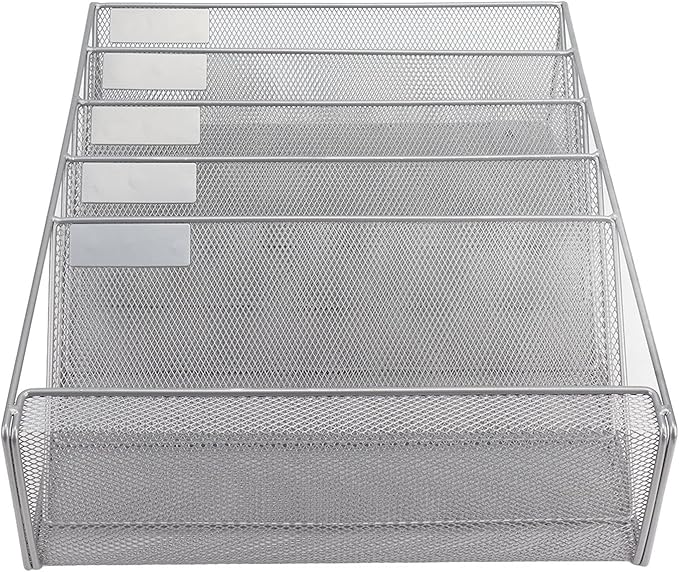 5 Tier Wall File Organizer with Hooks, Wall Mounted File Holder, Vertical Placement Iron Mesh Storage Rack with Label Panels, Easy Installation for Office Home Silver