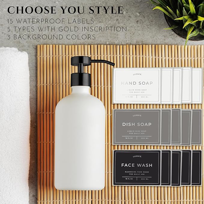 Lotion, Hand & Dish Soap Dispenser for Kitchen & Bathroom | Soap Dispenser Set of 2 16.8 Oz Glass Bottles with Stainless Steel Pump, 15 Water Proof Labels & Silicon Tray (White/Black)