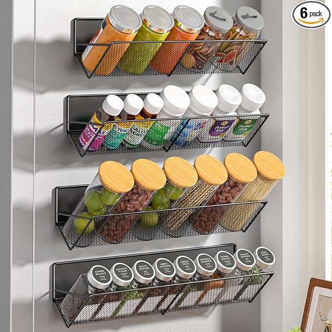 Magnetic Spice Rack for Refrigerator 4-Pack, Tilt Magnetic Fridge Shelves, 14-16.5 inch, 100% Metal, Holds 32 Jars, Strong Magnet Spice Organizer for Small Apartment Kitchen/ Laundry, Space Saving