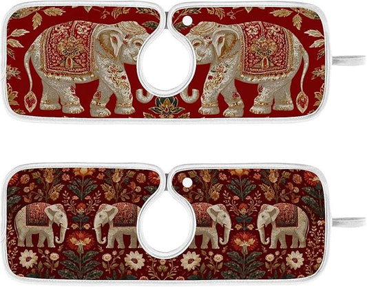 2 PCS Kitchen Sink Splash Guard 14.9 Inch Faucet Mat for Kitchen Sink Bathroom Sink Faucet Absorbing Drip Drain Mat Pad Microfiber Soft Washable Retro Red Elephant Flowers