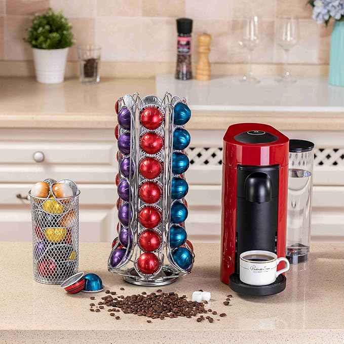 ZCDCP Nespresso Pod Holder, Vertuo Pod Holder Carousel Stand Storage with 360 Degree, Chrome Coffee Pod Holder Organizer for Nespresso Vertuo, 60 Pods