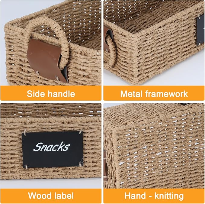 Snack Organizer for Countertop, Snack organizer snack basket tray with Handles, Paper Rope Wicker Basket snack Bar Station Decor, Food Storage Container for Pantry Organizer and Storage