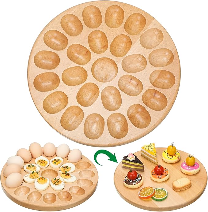Lounsweer Reversible Wood Deviled Egg Platter and Charcuterie Board Thicken Tray Countertop Refrigerator Chicken Egg Containers Carrier for Easter Christmas(Beech Wood)