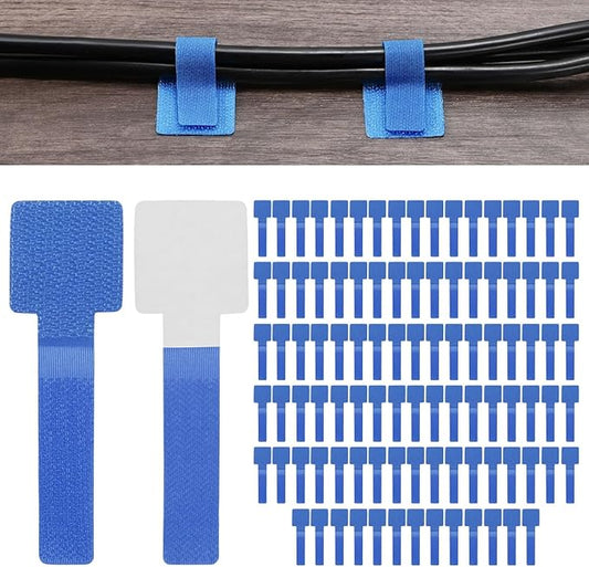 M METERXITY 100-Pack Hook and Loop Cable Ties, 3.5 x 1.1 Inch Adjustable Self-Adhesive Cord Organizer for Desk/Home/Wall/Office Essentials, Cable Management Under Desk [Blue]