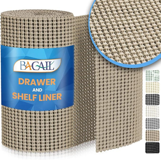 BAGAIL Drawer and Shelf Liner, 12 in X 10 Ft Non-Adhesive Shelf Liners for Kitchen Cabinets, Thick Strong Grip Liners for Desk, Shelves, Bathroom Drawers, Cabinet Protection - Beige