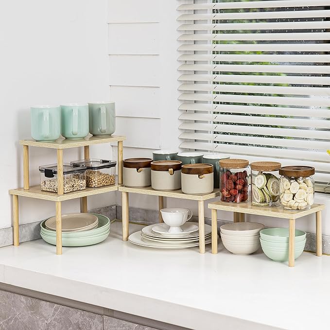Wood Cabinet Organizer Shelf, Set of 4 Kitchen Counter Shelves, Stackable Plate Organizer for Cabinet, Pantry Cupboard Dish Mug Cup Storage Shelf