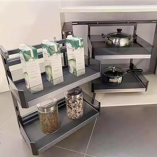 Blind Corner Cabinet Pull Out Organizer 2 Tier with 4 Detachable Shelves Magic Pull Out Deep Corner Cabinet Organizer Narrow Blind Cabinet Pull Out (Aluminum, Left/Right Open)
