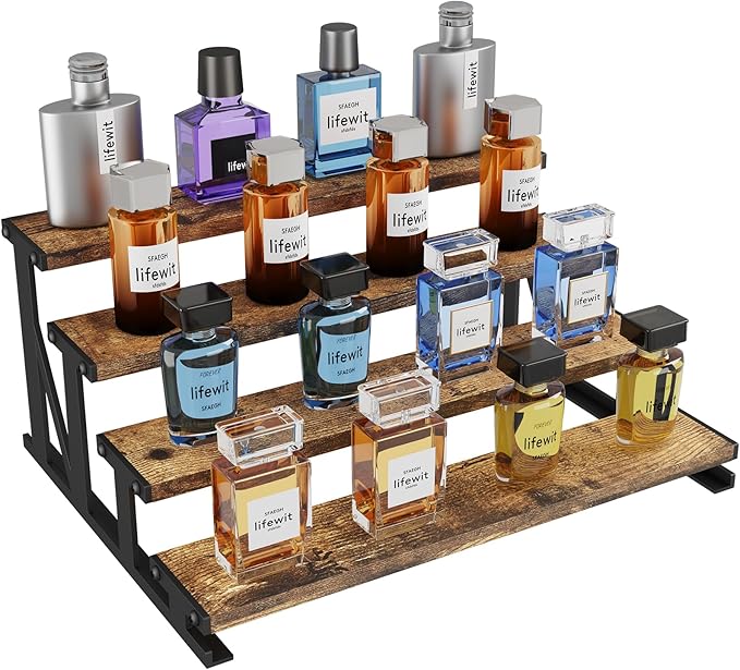 Lifewit Cologne Organizer for Men, Wooden Perfume Stand, 4 Tier Display Riser for Fragrance, Aftershave, Skincare Makeup for Vanity, Bedroom, Bathroom Storage, Rustic Brown, 1 Pcs, 35 cm/14"