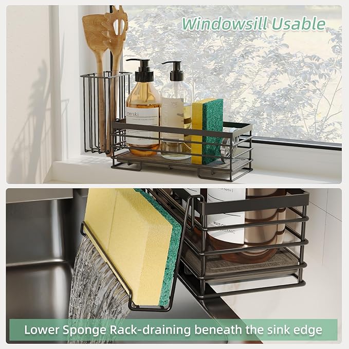 Sponge Holder for Kitchen Sink, Sink Caddy with Instant Drying Mat & Hook, Rustproof Waterproof Stainless Steel Kitchen Organizer, Soap Dispenser Storage (Black, 9.25"x3.7"x5.5")