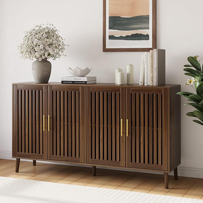 63" Long Sideboard Buffet with 4 Slatted Doors, Farmhouse Buffet Storage Cabinet with Adjustable Shelf, Coffee Bar Cabinet for Entryway, Kitchen, Dining Room, Living Room, Walnut Color