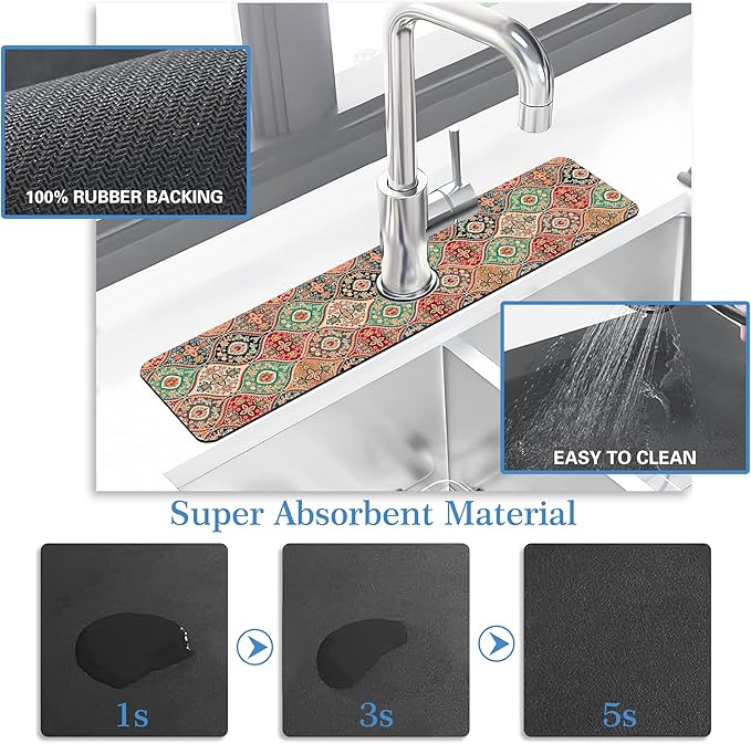 Faucet Mat Splash Guard Boho Rug, Soft Diatom Mud Material, Strong Water Absorption, Non-slip,Easy to Clean for Bathroom, Kitchen 23.5"X5.5"