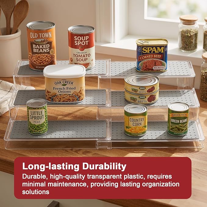 Expandable Can Rack Organizer, 3-Tier Adjustable Length Can Storage Holder, Set of 2 Holds Up to 36 Cans, Stability with Non-Skid Shelf, Canned Goods Storage Display for Pantry, Cabinet, Countertop
