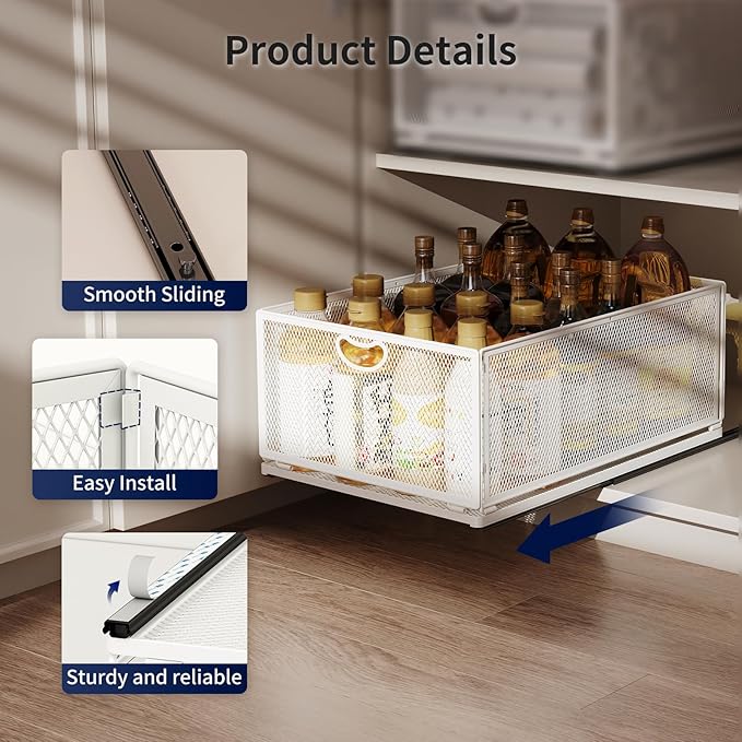 2 Pack Pull Out Cabinet Drawer,Metal Mesh Slide Out Shelves Organizer,Frameless Cabinets Suitable,Simple Housewares Pull Out Cabinet Sliding Basket (15.7" D*9.6" W*3.9" H)