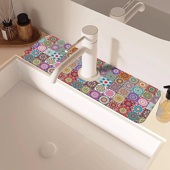 Vintage Boho Mandala Floral Kitchen Sink Splash Guard Mat Absorbent Fast Drying Mat Faucet Draining Mat Sink Splash Guard Behind Faucet Drip Catcher for Kitchen Bathroom 5.5"×15"