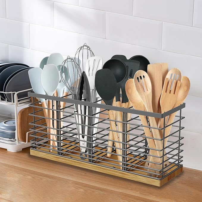 Suli Extra Large Kitchen Utensil Holder with 4 Compartments，Grey Metal holder with Wooden Base for Kitchen Countertop，Farmhouse Cooking Utensil Storage, Rustic Cooking Utensil