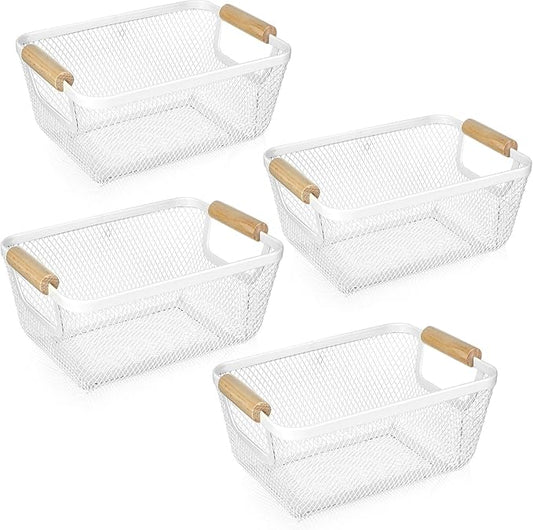 4 Pcs Metal Wire Basket with Wooden Handles Mesh Steel Storage Organizer Bin Containers for Home Organizing Cabinet Pantry Closet Kitchen Fridge Fruit Makeup Snacks Gifts(Small,Cream White)