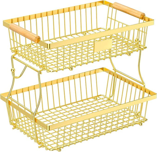 2 Tier Fruit Basket for Kitchen Counter with 2 Banana Hangers, Countertop Metal Fruit Bowl with Wooden Handle, Large Storage Stand for Vegetables, Snacks, Breads, Produce Storage – Gold