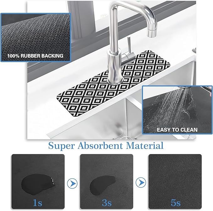 White Geometric Tile Faucet Mat Splash Guard Stylish Texture Rhombu, Soft Diatom Mud Material, Strong Water Absorption, Non-slip,Easy to Clean for Bathroom, Kitchen 15"X5.5"