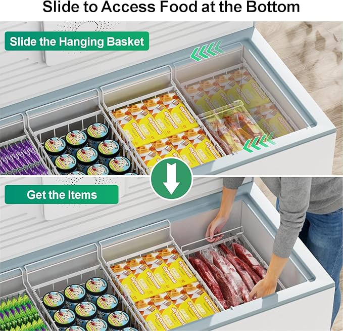 GSlife Freezer Organizer Bins - 2 Pack Expandable Freezer Bins for 10 to 20 Cu.Ft Chest Freezers, Hanging Wire Baskets Stop Digging & Maximize Top Storage Space, Sliding Deep Freezer Baskets, White