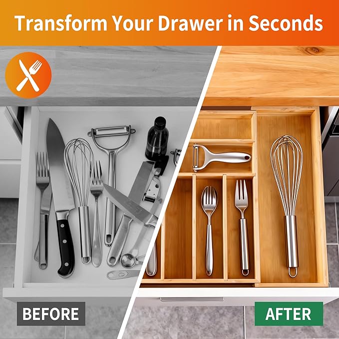 Bamboo Expandable Drawer Organizer for Utensils Holder, Wood Drawer Dividers for Silverware, Flatware, Knives in Kitchen, Bedroom, Living Room