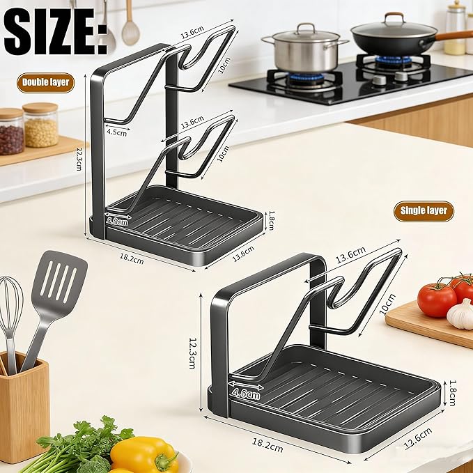 Kitchen Pot Lid Storage Rack, 304 Stainless Steel Pot Lid Holder While Cooking, Lids And Spoon Rest, Cutting Board Holder With Removable Tray, Pots Cover Organizer For Countertop (Begie, Single)