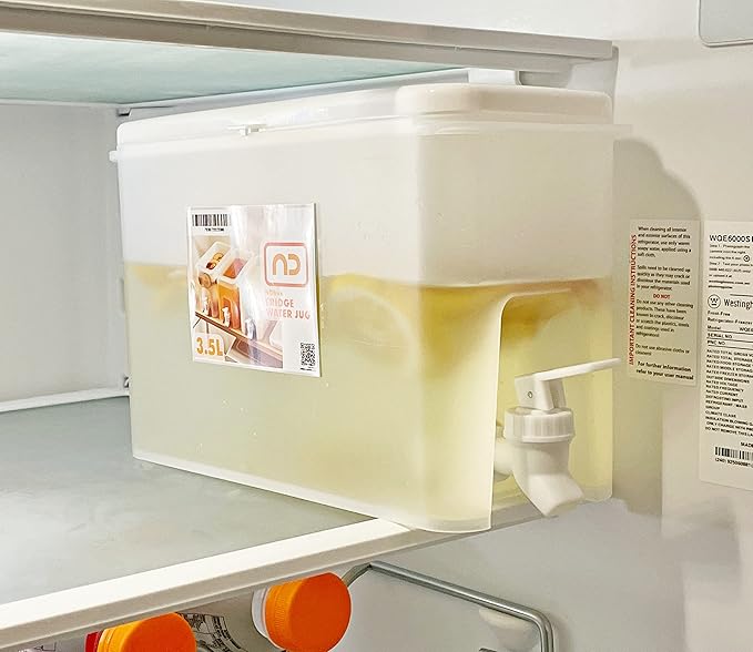 NDBOX Slim Fridge Jug with Faucet for Water, Iced Tea, Fruit Juice, Softdrinks, Milk, Beverages Dispenser - Hot or Cold Drinks for Parties - Spacesaver 3.5L or 0.92Gal Container (White Jug 1pc)