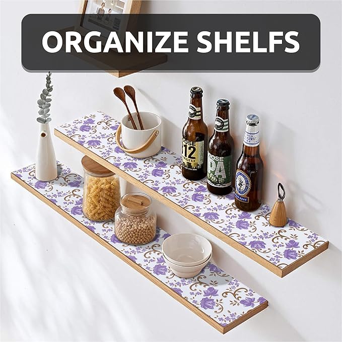 12X120 Inch Shelf Liner for Kitchen Cabinets, PVC Drawer Liner for Dresser Non-Slip Bathroom, Non-Adhesive Cabinet Liner Washable (Purple Floral)(4 Roll)