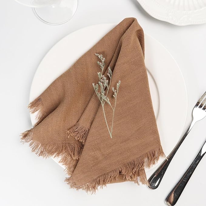 Handmade Cloth Napkins with Fringe,18 x 18 Inches Cotton Linen Napkins Set of 6 Versatile Handmade Square Rustic Fringe Napkins for Dinner, Wedding and Parties, Taupe