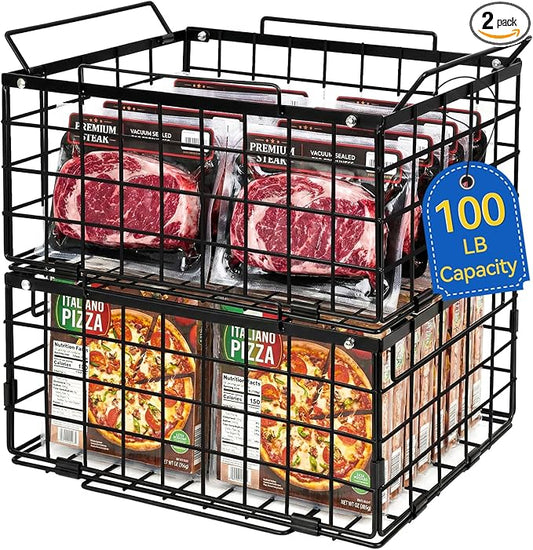 Reinforced Freezer Organizer Bins, 2 Pack Large Stackable Vertical Chest Deep Freezer Storage Containers, Thickened Black Wire Foldable Baskets with Handles