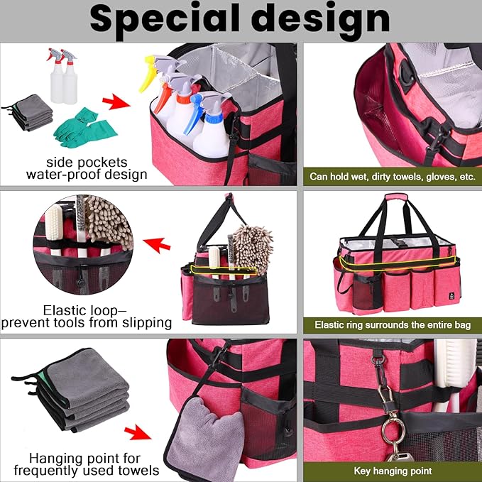 Timoxi Extra large Cleaning Caddy Bag Built-in Sturdy Support Board, Cleaning Organizer with Detachable Divider, Cleaning Supply Tote with Adjustable Shoulder Strap (Pink, 19'' x 11'' x 11'')