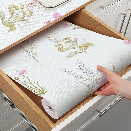 Terravue Floral Shelf Liner for Kitchen Cabinets Non Adhesive Drawer Liners Non Slip Cupboard Liner Flower Cabinet Liners Strong Grip Kitchen Shelves Dresser Waterproof Easy to Clean 12IN x 10FT