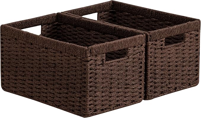 joybest Medium Wicker Baskets, Woven Paper Rope Storage Baskets for Organizing, Foldable Rectangular Bin with Handles for Pantry, 13.4L x 8.3W x 7.1H inch, 2-pack Dark Brown
