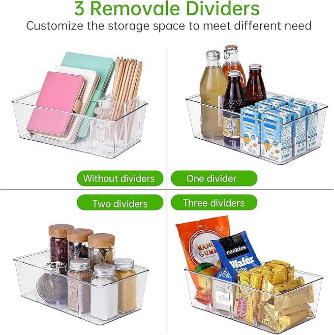 Wilfox 5 Pack Clear Pantry Organizer Bins with Removable Dividers, Kitchen Storage and Organization Product Accessories
