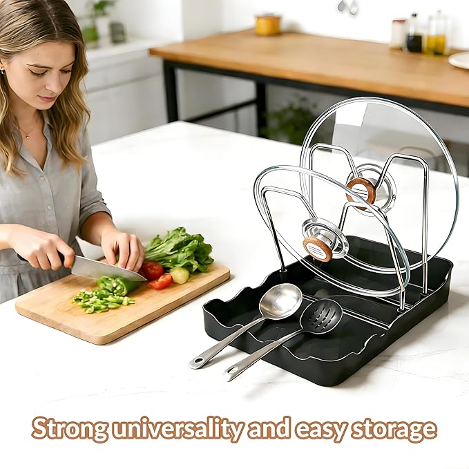 Kitchen Pot Lid Storage Rack, Pot Lid Holder With Tray, Lid Holder While Cooking, Lid And Spoon Rest, Multifunctional Kitchen Organizer Stand for Stove Top