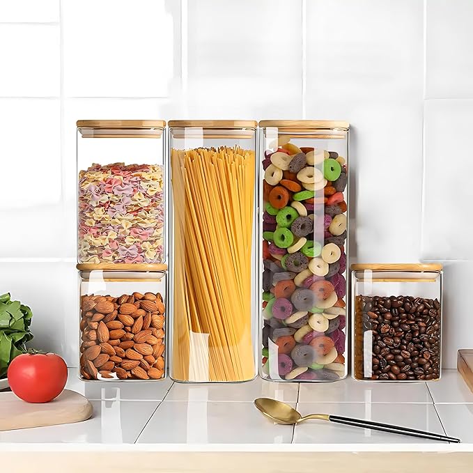 Glass Food Storage Jars Set of 3 with Bamboo Lid Airtight Glass Storage Canister, Cylindrical Kitchen Clear Food Storage Container Jar, for Pasta, Coffee, Cookies, Nuts, Cereal, Oats, Flour