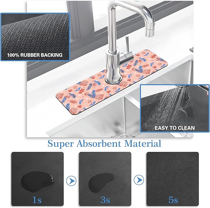 Faucet Mat Splash Guard Christmas Gingerbread Man Feather Bell, Soft Diatom Mud Material, Strong Water Absorption, Non-slip,Easy to Clean for Bathroom, Kitchen 15"X5.5"