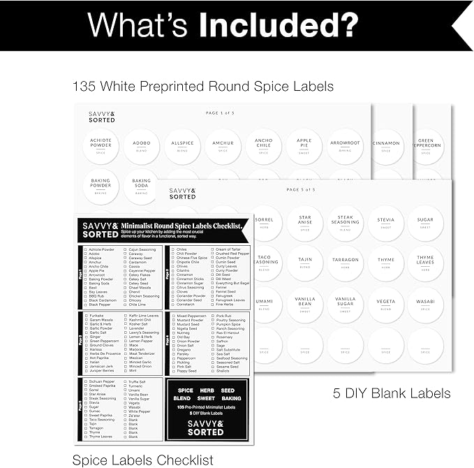 Minimalist Round Spice Labels for Lids - 140 Spice Jar Labels for Spice Containers - Waterproof Kitchen Label Stickers for Spice Jars - Spice Organization Herb Seasoning Pantry Labels