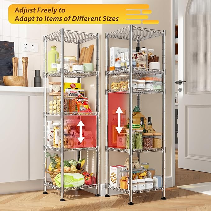 Set of 2 Metal Shelving-5 Tier Storage Shelves:AdjustableShelving and Units Standing Shelving Storage Rack Narrow Shelf for Kitchen Pantry Closet Office 12''Wx12''Dx49''H Chrome