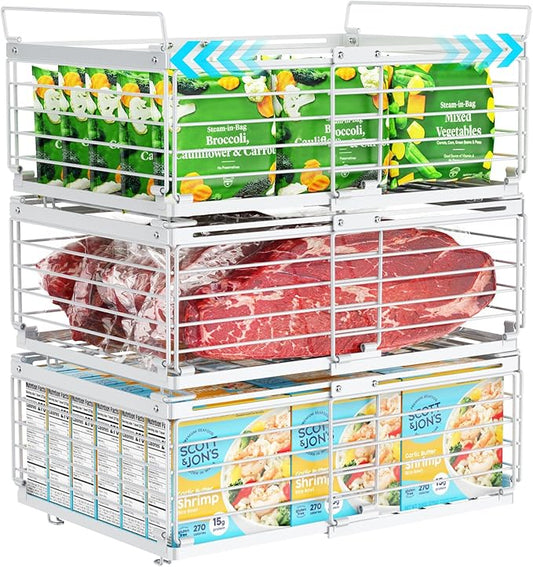 iSPECLE Chest Freezer Organizer - Fit 10 to 20 Cu.FT Freezer, 3 Pack Large Expandable Stackable Deep Freezer Organizer Bins Sort Frozen Food and Easily Get with Handle, Improve Air Circulation,White
