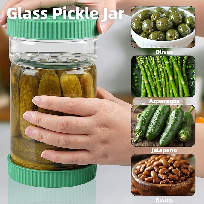 Glass Pickle Jar with Strainer Flip, 40oz Hourglass Airtight Container, Easy Open Refrigerator Storage Pickles Juice Separator for Olive Jalapeno Gherkin, Green