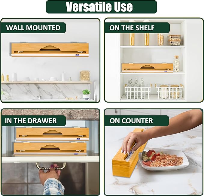 15” Bamboo Plastic Wrap Dispenser with Cutter – Aluminum Foil Dispenser with Cutter for Kitchen – Kitchen Wrap Dispenser for Plastic Wrap, Parchment Paper Roll, Fits Rolls Up to 15 Inches