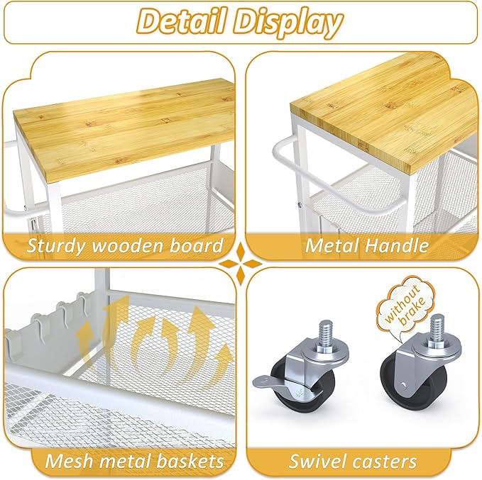 Slim Rolling Utility Cart, 4 Tier Metal Narrow Storage Cart with Handle and Wood Top, Multifunctional Small Mobile Shelf Unit Organizer Trolley for Laundry, Bathroom, Kitchen