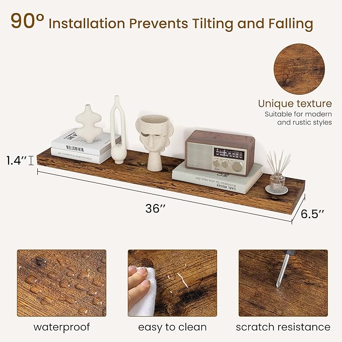 Dreamland 30Inch Floating Shelves for Wall, Rustic Wooden Floating Shelves for Bathroom|Bedroom|Kitchen, 2 Pack Deep Wall Mounted Book Shelf, Wood Storage Display Shelf for Home Decor, Brown