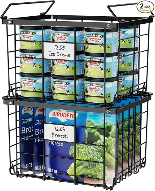 iSPECLE Freezer Baskets for Chest Freezer - for 3.5 Cu.Ft Deep Freezer, 2 Pack Stackable Freezer Organizer Bins with Label Plates & Folding Handles, Heavy Duty Metal Storage, Assembly Required, Black