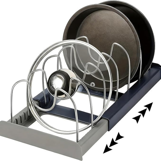 Pots and Pans Organizer for Cabinet Expandable12~22" Pot Lids Organizer Holder with 7 Adjustable Dividers Space-Saving Kitchen Organization Rack for Baking Pans, Cookware & Cutting Boards