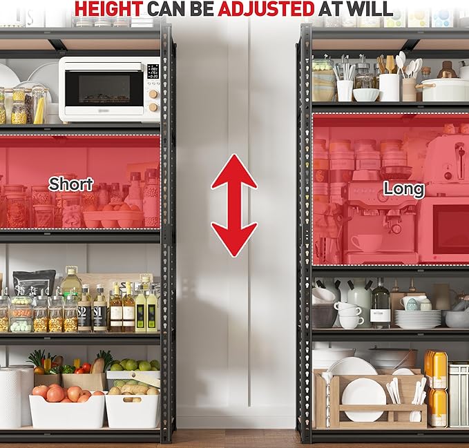 REIBII 2400LBS Storage Shelves 5 Tier Garage Shelving Heavy Duty, Adjustable Metal Shelving, Garage Shelves for Basement, Warehouse, Pantry, Closet, Kitchen 72" H x 35.55" W x 16" D, Black, 4 Pack