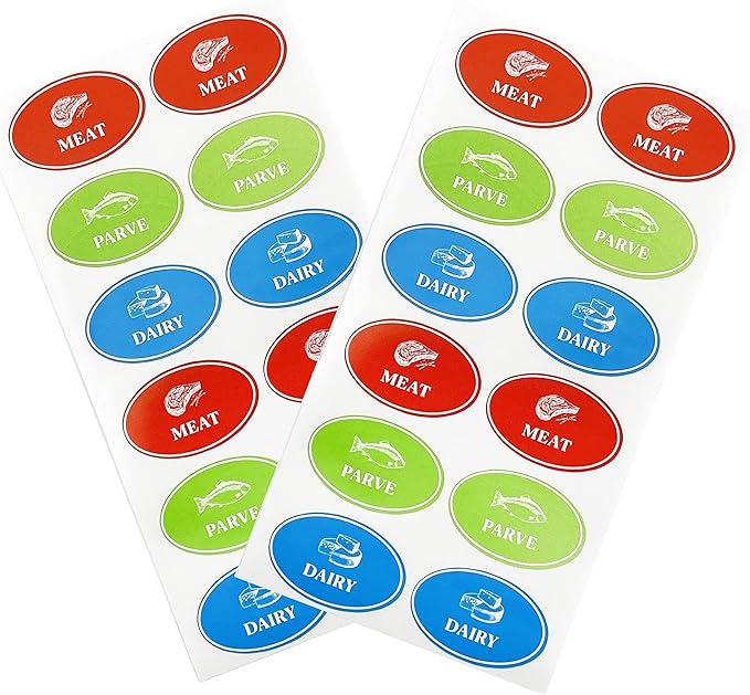 Assorted Kosher Labels, (24 Pack) 8 Blue Dairy, 8 Red Meat, 8 Green Stickers, Oven Proof up to 500°, Freezable, Microwavable, Dishwasher, English, Coded Kosher Kitchen Tools (24-Pack)