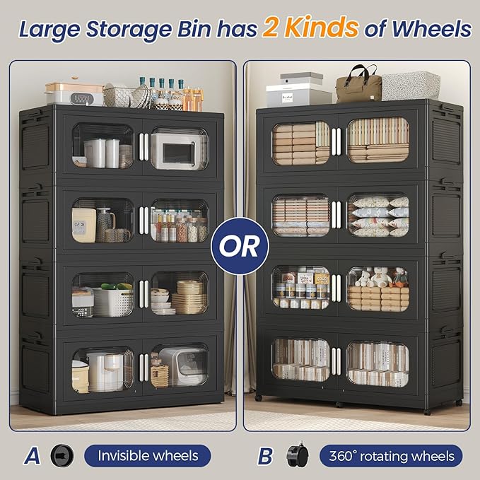 QAVABIN 250GAL Extra Large Storage Bins with Lid, 1000QT Storage Bins with Wheels, Folding Closet Organizer, Stackable Collapsible Plastic Storage Containers for Home, Office, Kitchen, 5Pack Black